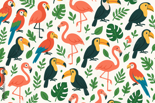 Colorful birds in a tropical pattern with leaves and plants from different regions creating a vibrant atmosphere