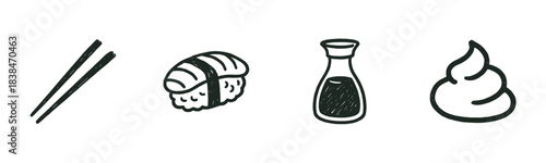 Hand-drawn black and white icon set of sushi elements including chopsticks, nigiri, soy sauce, and wasabi, presented in a simple, minimalist doodle style for graphic design