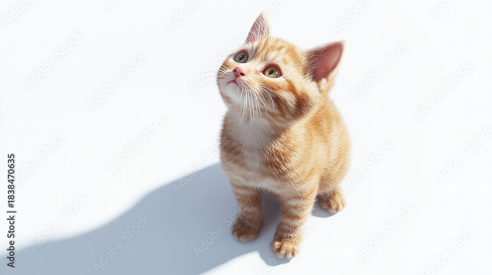 Obraz premium Adorable Orange Kitten Looking Up with Curiosity on White Background