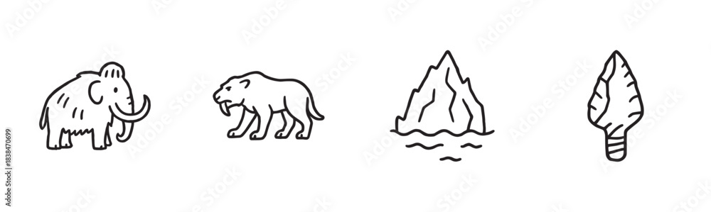 Obraz premium Four prehistoric ice age themed icons showing a woolly mammoth, smilodon, iceberg, and stone arrowhead in a simple hand-drawn black outline illustration