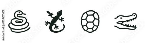 Set of four hand-drawn reptile icons in a simple black and white doodle style, featuring a coiled snake, a cute gecko, a turtle shell, and an alligator head illustration