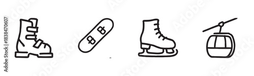 Set of four black line icons representing winter sports and mountain resort activities in a simple, hand-drawn doodle style, featuring a ski boot, snowboard, ice skate, and gondola