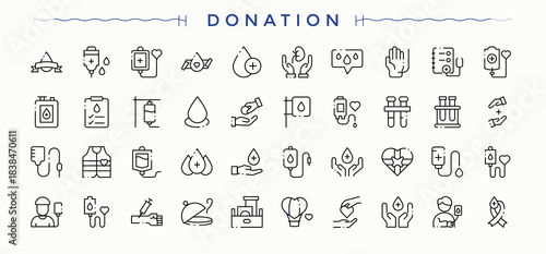 Donation modern icon set. Minimal icons set. Contains outline symbols like giving, humanitarian, help, volunteer, donation. Signs for web and mobile app. Charity line icon set.