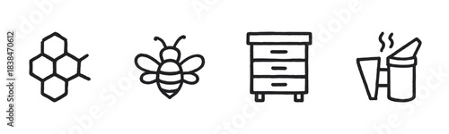Beekeeping icon set with a honeycomb, bee, beehive, and smoker in a simple black and white hand-drawn line art style, representing apiculture and honey production
