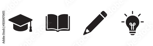 Four black minimalist education icons with a graduation cap, open book, pencil, and light bulb representing learning, knowledge, and new ideas