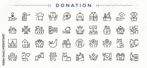 Set of Donation line icon. Includes symbols for charity, humanitarian, cooperation, volunteer, giving and more. Thin linear style icons. Donate icon set. Editable vector illustration.