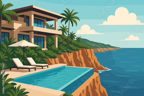 Modern house with pool overlooking ocean at sunset in coastal location viewed from a distance