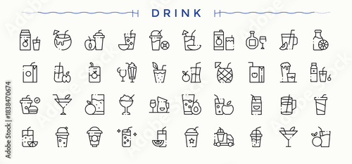 Drink And Juice icon collection. Bar simple line vector icons. UI icons set in a thin style. Restaurant icon collection. Editable vector art.