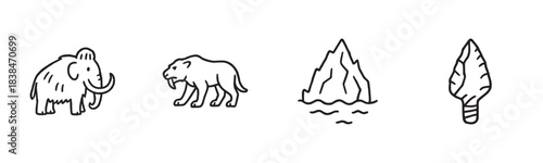 Four prehistoric ice age themed icons showing a woolly mammoth, smilodon, iceberg, and stone arrowhead in a simple hand-drawn black outline illustration