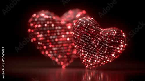 Two glowing hearts made of binary code reflect the fusion of technology and emotion, symbolizing the intimacy of digital connections in a virtual environment