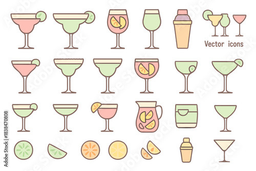 Various drink icons featuring cocktails, glasses, and mixers in different styles and colors for design and illustration purposes