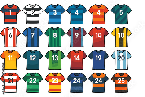 Collection of different shirt designs displayed in a grid layout showcasing various colors and patterns for a sports event