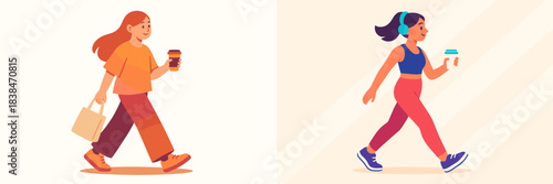 Two women enjoying coffee while walking in an urban setting