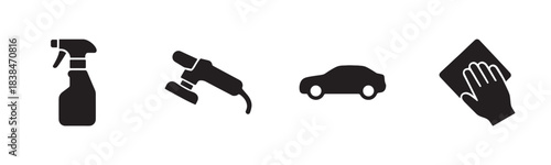 Four black silhouette car care icons illustrate the comprehensive detailing process, featuring a spray bottle, polisher, car, and a hand wiping with a cloth, in a clean graphic style