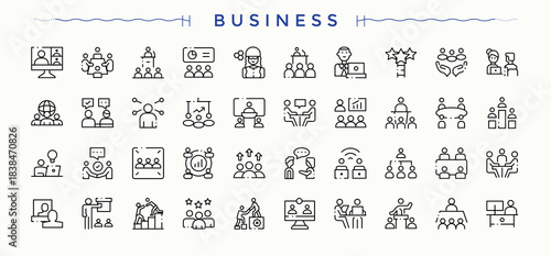 Business icon pack. Profession modern icon set. Contain linear symbols economic, profession, organization, enterprise, commerce, professional and more. Editable stroke. Vector collection.