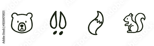Four simple black outline animal icons depict a bear head, deer tracks, a fox tail, and a squirrel, rendered in a charming, minimalist doodle style