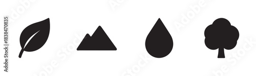Four black silhouette nature icons, including a leaf, mountains, a water drop, and a tree, are arranged horizontally in a clean, minimalist style