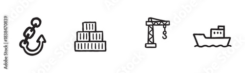 Four distinct hand-drawn maritime shipping icons, including an anchor, stacked containers, a port crane, and a ship, rendered in a simple black and white line art style