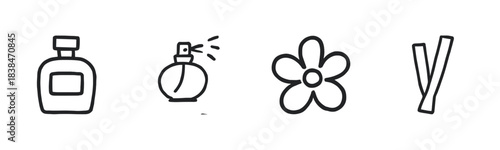 Four minimalist black line art icons in a hand-drawn doodle style representing perfume and fragrance, with a bottle, atomizer spray, flower, and aromatic sticks depicted in a simple row
