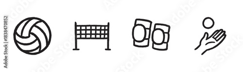 Four black outline volleyball sport icons are neatly arranged, depicting a ball, net, knee pads, and a hand tossing a ball, rendered in a simple, graphic style