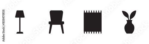 Four distinct black silhouette household items, including a floor lamp, chair, rug, and vase with leaves, are neatly arranged in a clean, minimalist graphic style