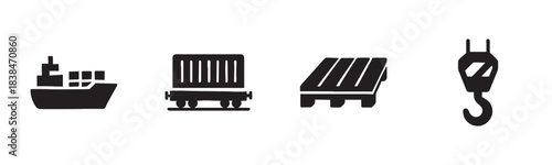 Four black silhouette logistics and shipping icons, including a cargo ship, train wagon, wooden pallet, and crane hook, are neatly arranged in a row, representing global freight and delivery services