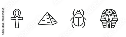 Four distinct ancient Egyptian outline icons are depicted, featuring an ankh, pyramid, scarab beetle, and pharaoh's mask in a clean, minimalist line art style