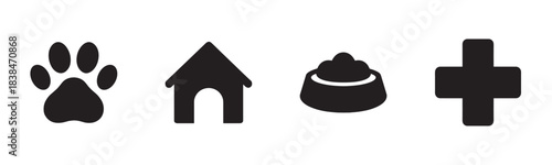 Four black silhouette pet care related icons, including a paw print, dog house, food bowl, and medical cross, are neatly arranged in a clean, graphic style