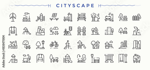 Cityscape linear icon set. Minimalist linear icons. Editable vector stroke. Ground icon set. Contains outline symbols like lake, city park, urban, park, outdoor and more.