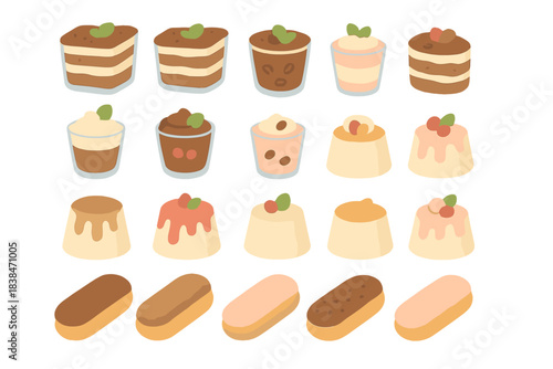 Variety of desserts arranged in a grid on a white background showing different shapes and colors
