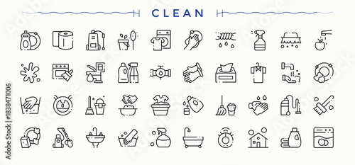 Clean icon set. Outline icons collection. Contains such icons as cleaning, wash, cleaner, housekeeping, sweep. Vector artwork and illustration. Sweep icon set.