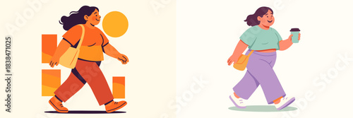 Vector illustration of a woman walking with a coffee cup outdoors