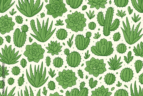 Green plants and cacti pattern with various shapes and sizes on a light background