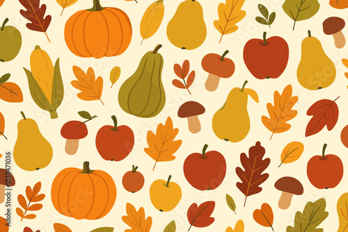 Colorful fall pattern with pumpkins, leaves, fruits, and mushrooms on a light background