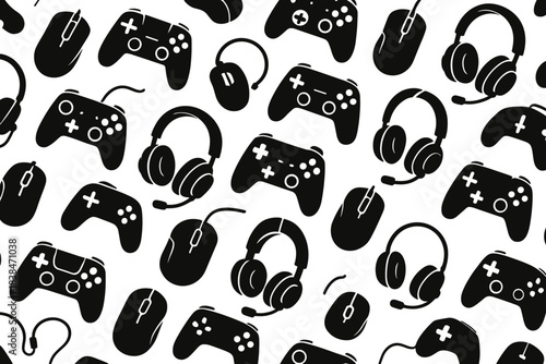 Pattern of gaming controllers, headsets, and mice on a white background in a fun design featuring various gaming equipment