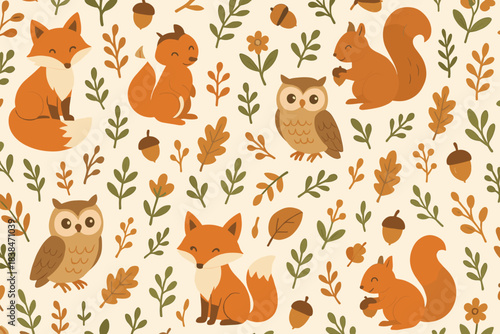 Cute animals in a forest theme pattern with foxes, squirrels, and owls among leaves and acorns on a light background