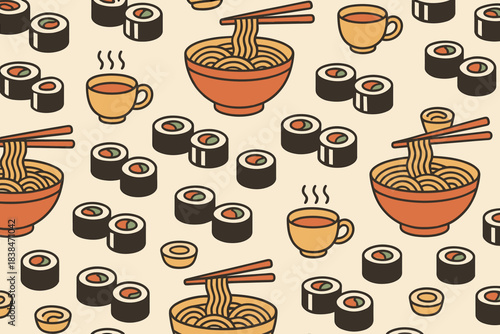 Patterns of noodles and sushi with tea at a simple dining setting