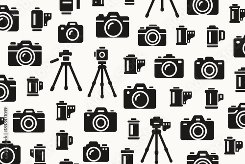 Design of various cameras and tripods on a white background for photography themes and projects