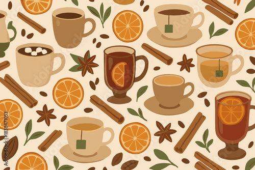 Various cups and beverages with spices and fruits on a light background during a cozy coffee time