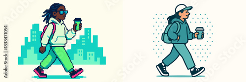 City dwellers sip coffee in a lively urban scene