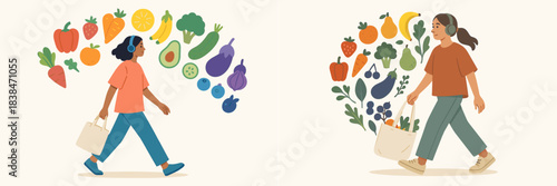 Walking through a colorful market with fresh produce in bags