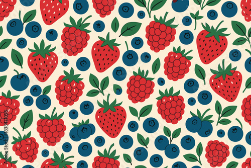 Pattern of strawberries, raspberries, and blueberries on light background with leaves