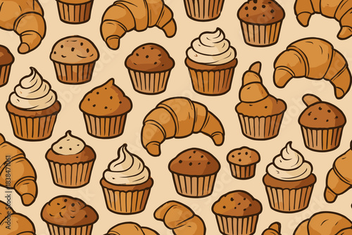 Various baked goods including cupcakes and croissants scattered on a light background