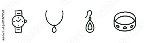 Four simple hand-drawn jewelry and accessory icons are neatly arranged in a row, featuring a wristwatch, a necklace, an earring, and a ring, all rendered in a clean, minimalist line art style