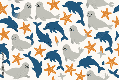 Seals and dolphins swimming with starfish in a bright ocean scene