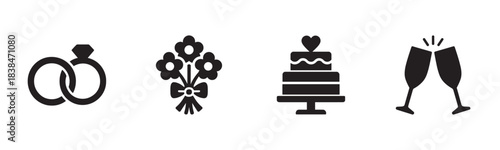 Four black silhouette wedding event icons are arranged horizontally, depicting engagement rings, a floral bouquet, a tiered cake, and clinking champagne flutes, conveying a romantic mood