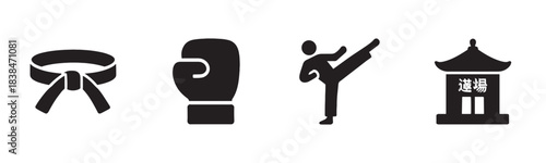 Four distinct black martial arts icons, including a tied belt, boxing glove, kicking figure, and dojo, are presented in a clean, graphic style