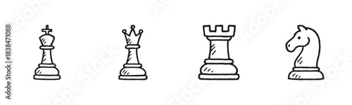 Four hand-drawn black outline chess pieces, including a king, queen, rook, and knight, are depicted in a charming doodle style with a playful, artistic feel