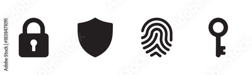Four black security related icons are displayed in a neat row, featuring a padlock, a shield, a fingerprint, and a key, representing digital protection and access concepts