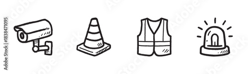 Four hand-drawn safety and security icons, including a CCTV camera, traffic cone, reflective vest, and flashing siren light, are depicted in a simple, illustrative doodle style with bold black lines